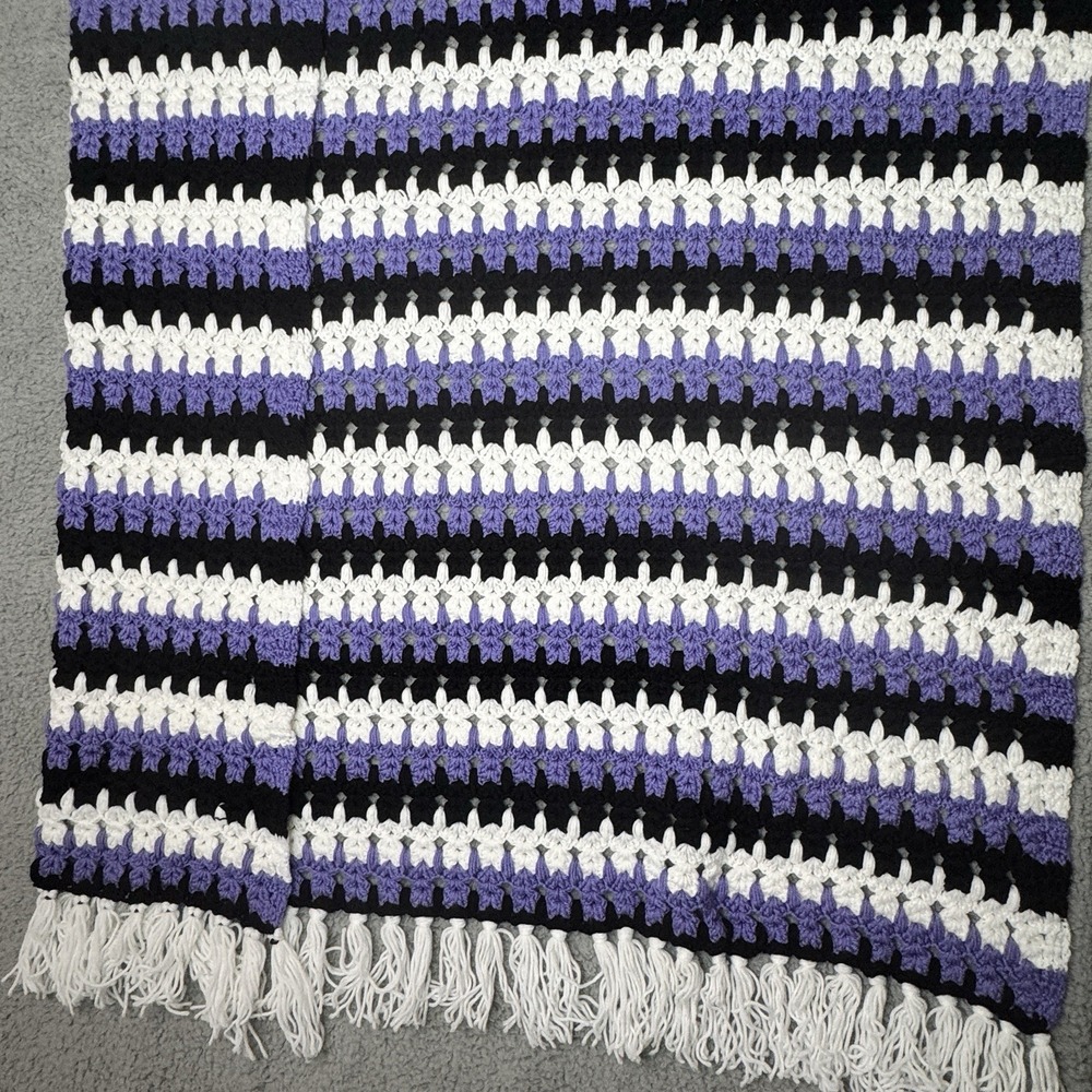 Handmade Chunky Crocheted Throw Blanket Tassels 56x72" Afghan Purple White Black - Picture 3 of 5